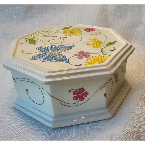 Ceramic Glazed Butterfly Octagon Ring/Jewelry Box/Trinket Box/Stash Box Artist S - Picture 10 of 11